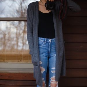 Hooded Grey Knee Length Pocketed Polyester Cardigan, Forever 21, Size Medium